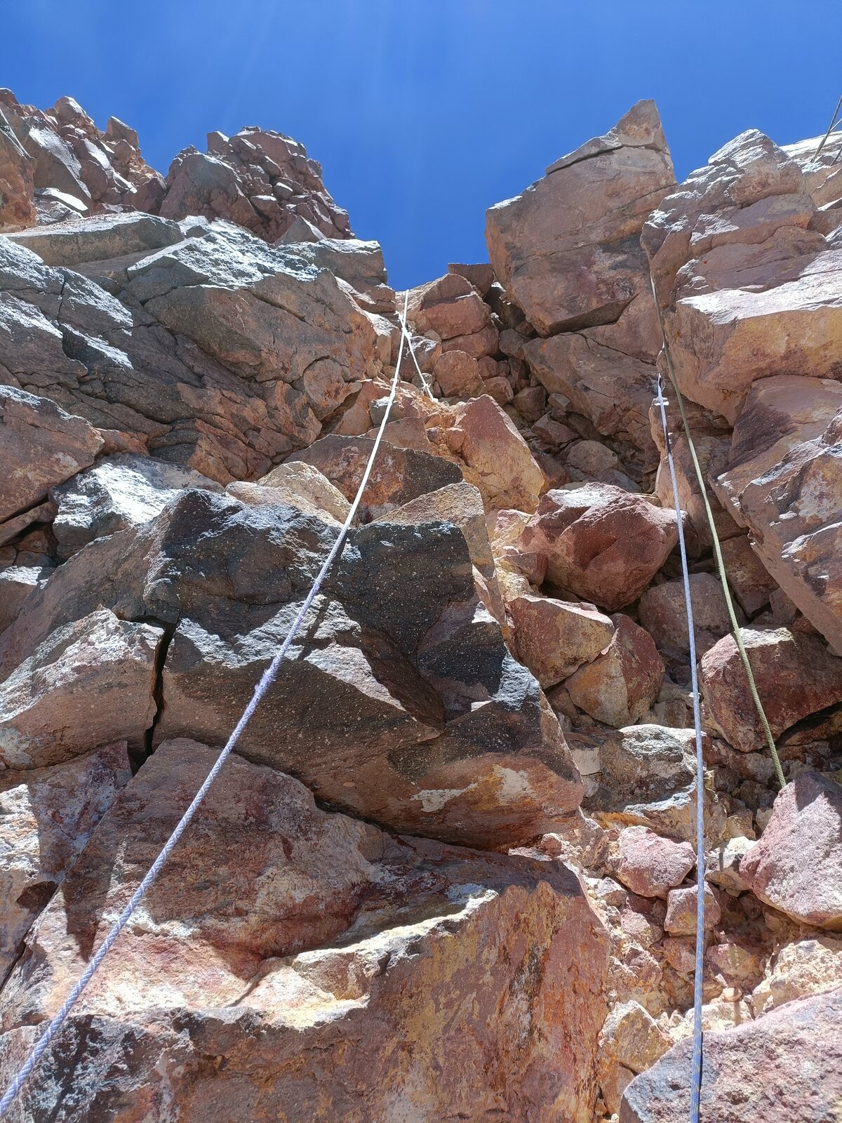 The final rocky climb, roped, near the summit