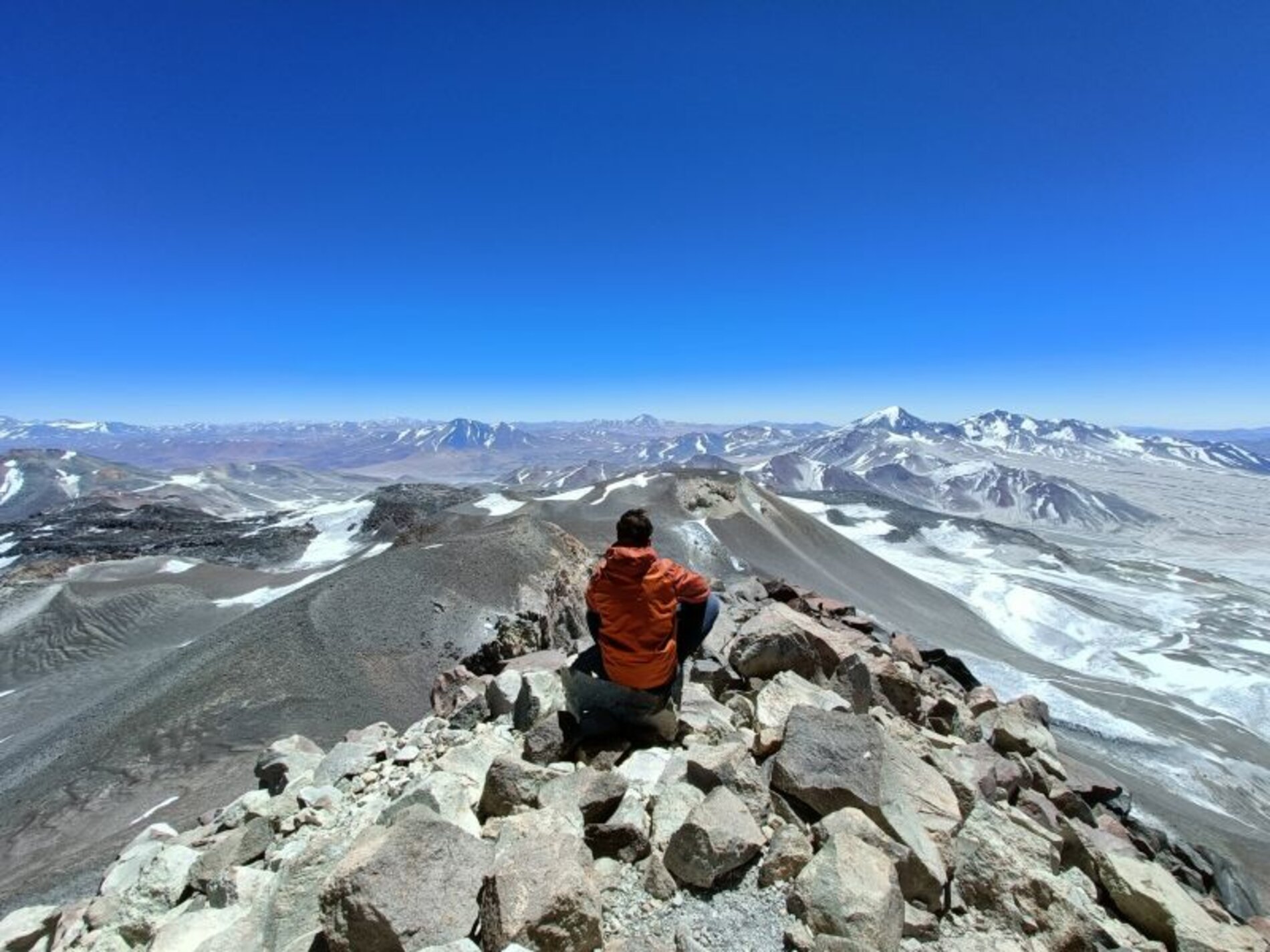 Summit of Ojos del Salado above a sea of volcanic peaks