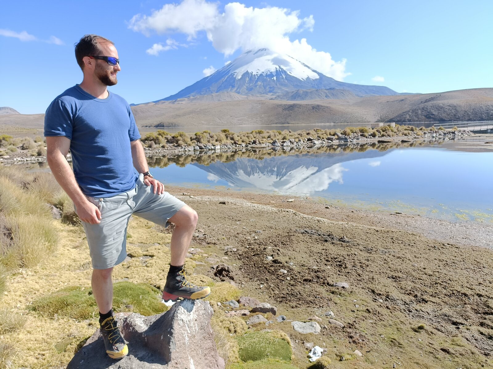 Acclimatising near Putre, snow cone of Parinacota across the lagoon