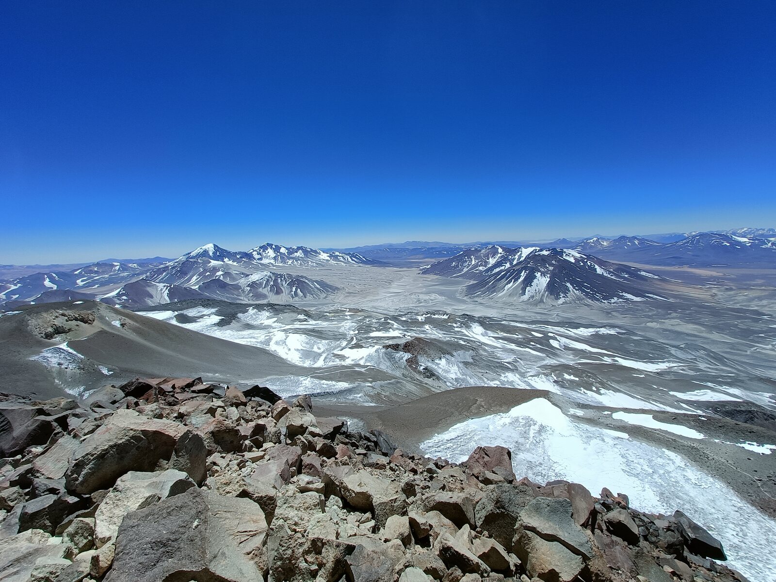 The view down from Ojos del Salado over a sea of volcanic peaks