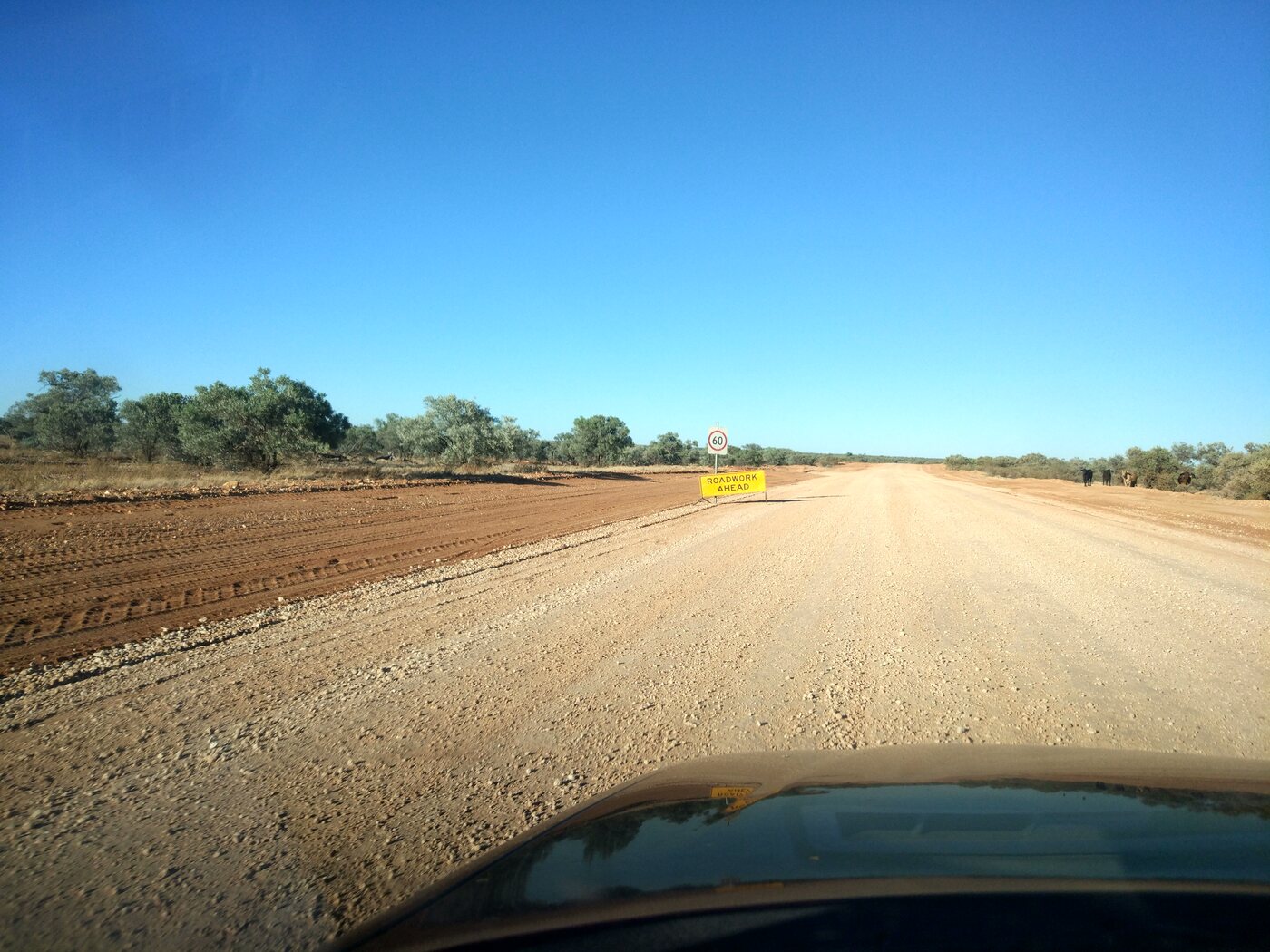 A roadworks sign on the Plenty Highway, a permanent dirt road