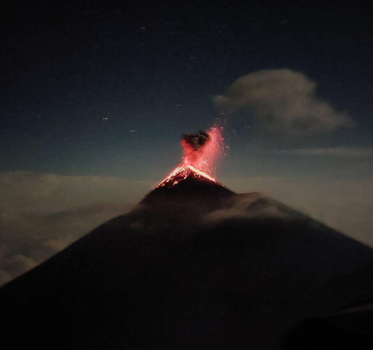 Volcán de Fuego erupting at night, Guatemala